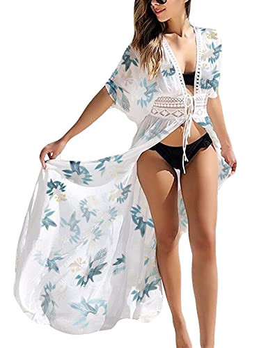 FANCYINN Womens Long Floral Chiffon Kimono Sheer Cover Up Boho Bohemian Beach Wears Bikini Cover Ups S | Amazon (US)