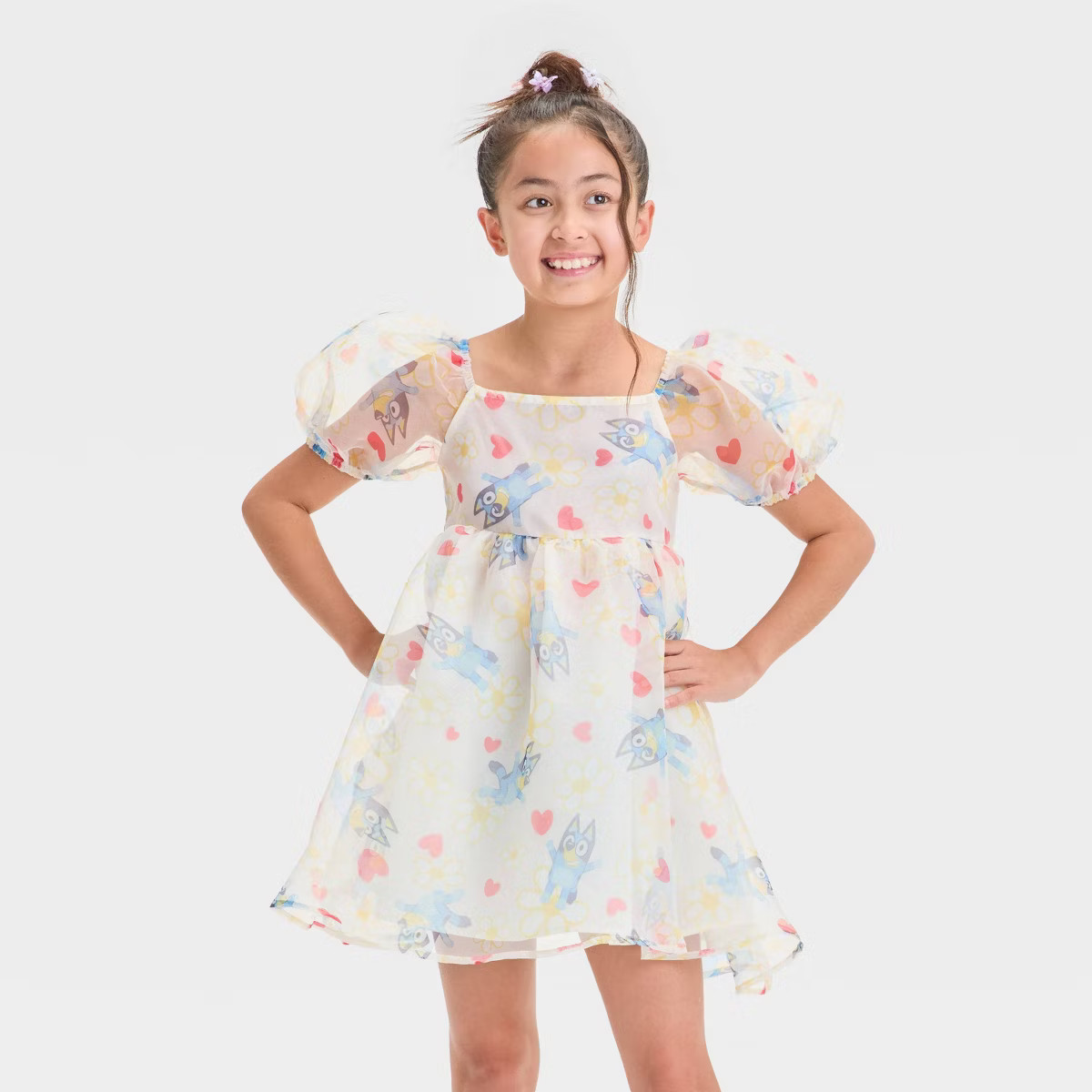 Girls' Bluey & Bingo Floral Organza Puff Sleeve Dress - Light Pink XXL Plus | Target