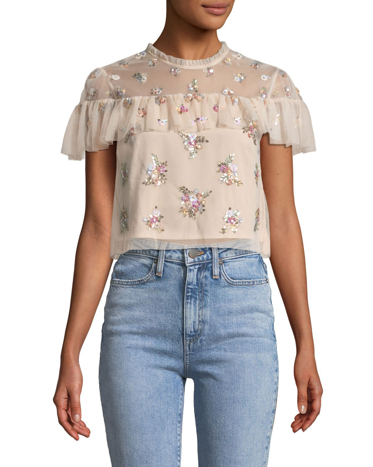 Lustre Floral Embellished Ruffle Crop Top | Neiman Marcus