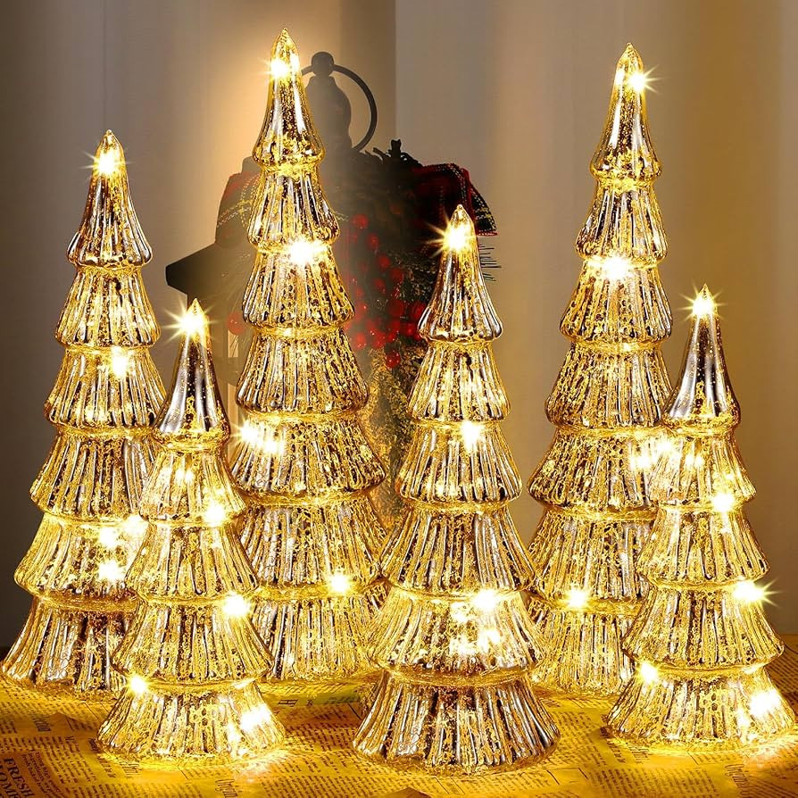 6 Pieces Glass Christmas Tree Silver Glass Christmas Decoration Lighted Table Top Christmas Trees... | Amazon (US)