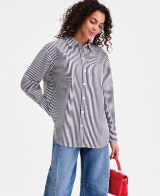 On 34th Women's Cotton Poplin Oversized Button Down Shirt , Macy's Exclusive - Intrepid Blue Combo | Macy's