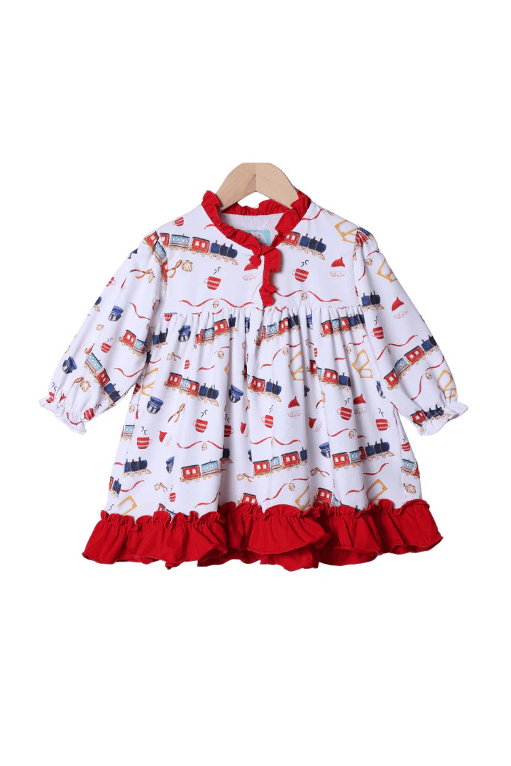Christmas Train Swing Ruffle Gown | The Smocked Flamingo