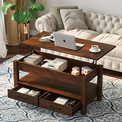Rolanstar Coffee Table, Lift Top Coffee Table with Drawers and Hidden Compartment, Retro Central Tab | Amazon (US)