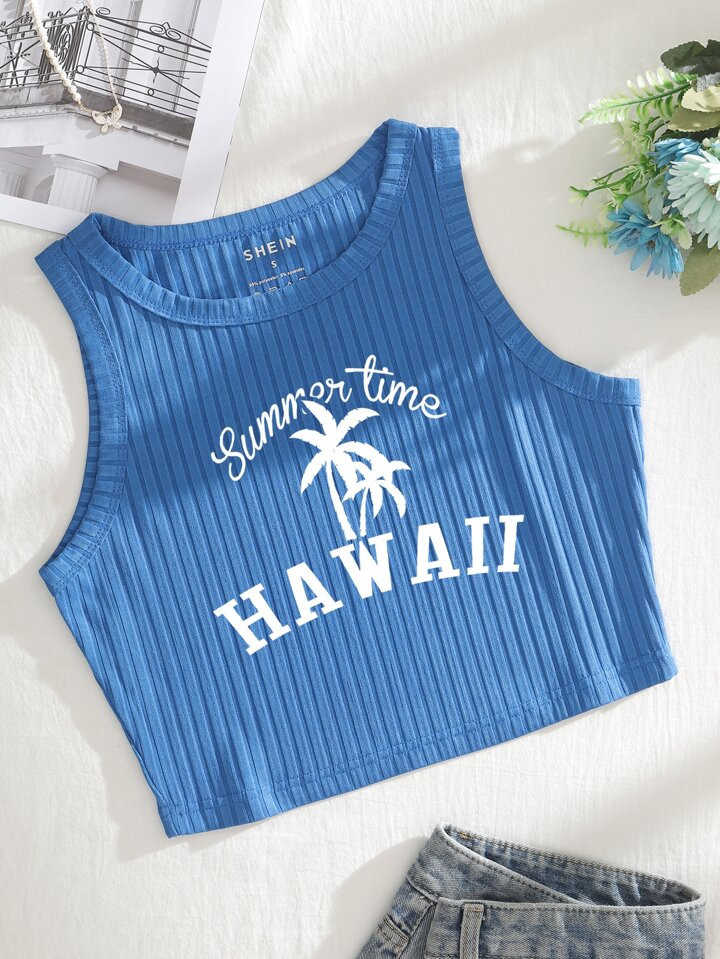 SHEIN EZwear Women Summer Palm Tree & Letter Graphic Tank Top | SHEIN USA | SHEIN