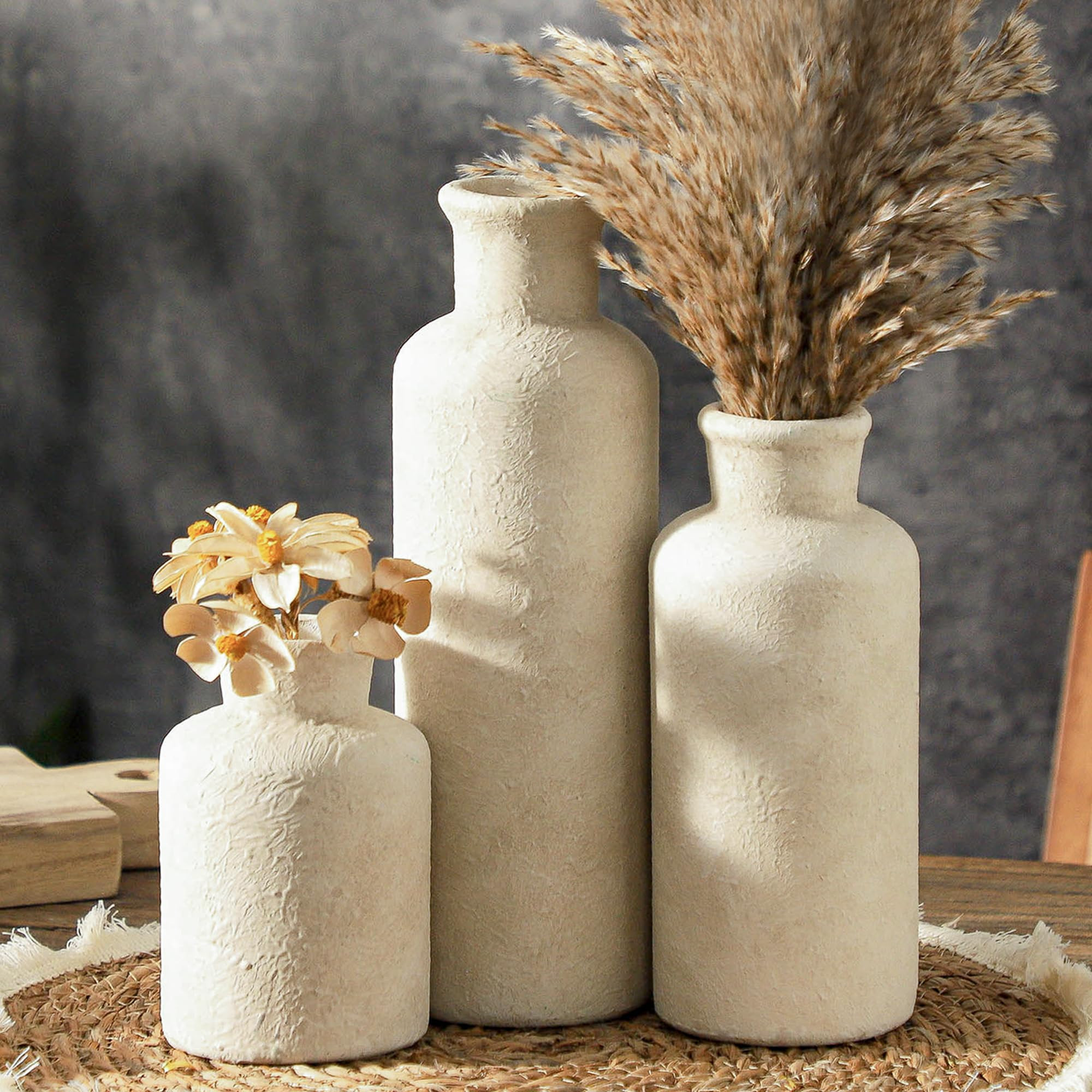 Ceramic Vases Set of 3, Whitewashed Neutral Flower Vases Home Decor, Pottery Rustic Farmhouse Decorative Vases Modern Decor for Table Mantel Entryway Bookshelf Living Room Kitchen Bedroom | Amazon (US)