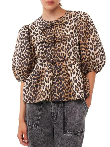 Tie Front Top Blouse Peplum Top Puff Sleeve Leopard Print Cheetah Print Bow Top Coquette Summer Trendy 2024 (Style04,S,Small) | Amazon (US)