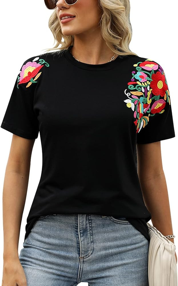 Mexican Shirts for Women Embroidered Tops Traditional Summer Blouse Women's Floral Tunic Round Ne... | Amazon (US)