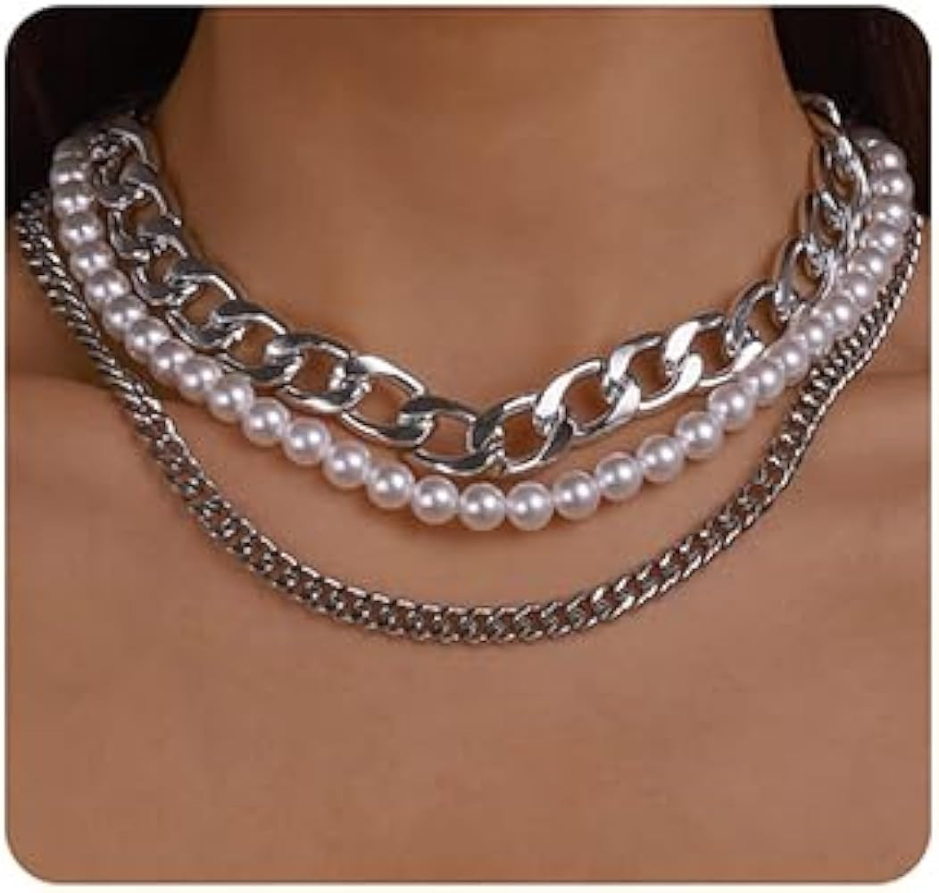 Jumwrit Dainty Layered Necklace Boho Round White Pearl Necklace Cuban Chain Choker Necklace Curb ... | Amazon (US)
