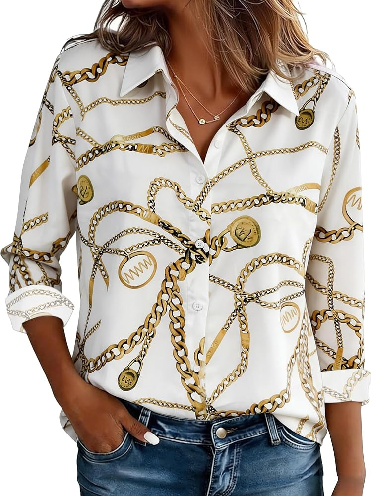 Floral Printed Button Down Blouses for Women Business Casual Long Sleeve Shirts Office Work Tops | Amazon (US)