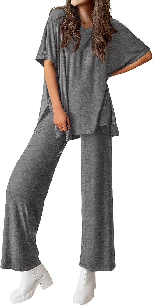 dowerme Summer Outfits For Women 2025 Casual 2 Piece Lounge Wear Pullover Top Wide Leg Pant Sets ... | Amazon (US)