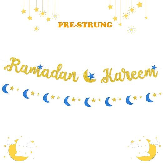 Ramadan Kareem Banner Eid Mubarak Festival Party Decoration Gold Blue Glitter (NO-DIY) | Amazon (US)