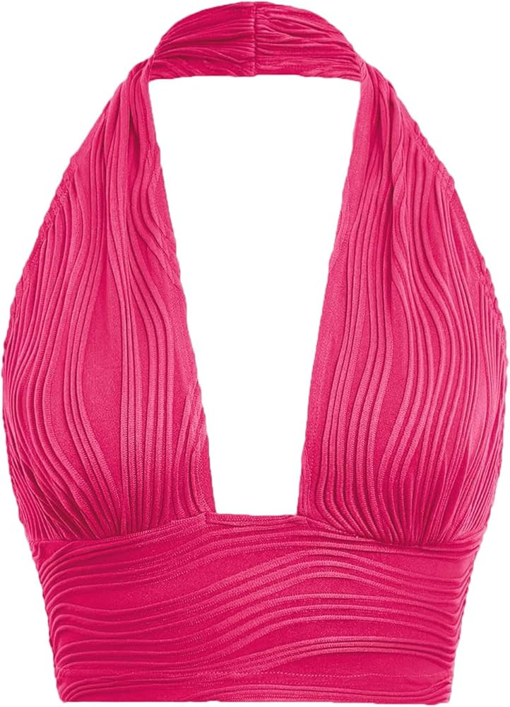 Verdusa Women's Open Back Halter Neck Sleeveless Texture Crop Tank Top | Amazon (US)