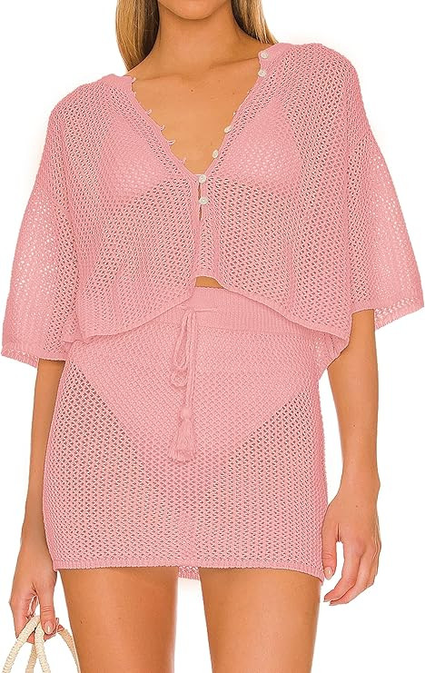 Jumppmile Women's 2 Piece Swimsuit Cover Up Crochet Hollow Out Knitted Bathing Suit Beach Bikini ... | Amazon (US)