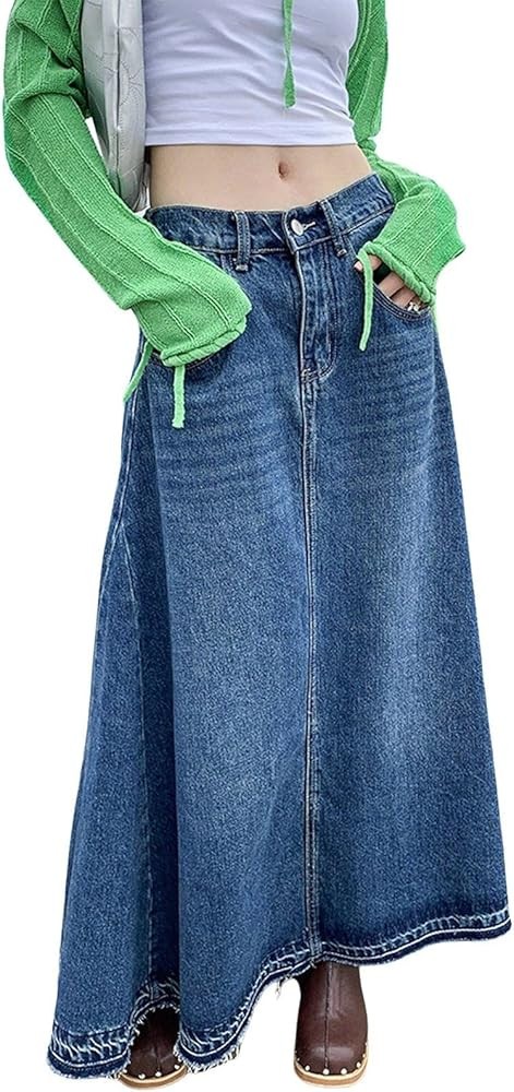CHARTOU Women's Back Elastic High Waist A-Line Maxi Long Denim Jean Skirt | Amazon (US)