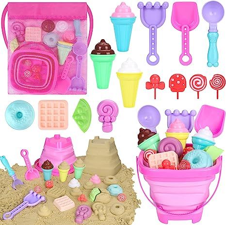 Collapsible Beach Toys Set for Kids Toddlers Girls, Collapsible Sand Bucket and Shovels Set with ... | Amazon (US)