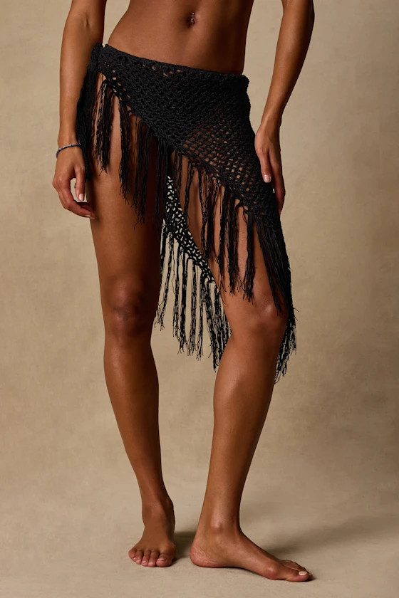 Ashore Black Crochet Fringe Swim Cover-Up Sarong | Lulus