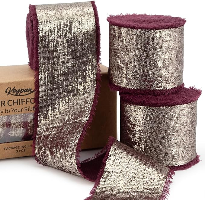 Burgundy Chiffon Ribbon, Shimmery Gold Silk Ribbon Frayed Edge for Bridal Flower Bouquet Gift Wra... | Amazon (US)
