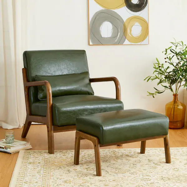 Glitzhome 30.75"H Mid-Century PU Leather Armchair with Ottoman Set - Bed Bath & Beyond - 40342792 | Bed Bath & Beyond