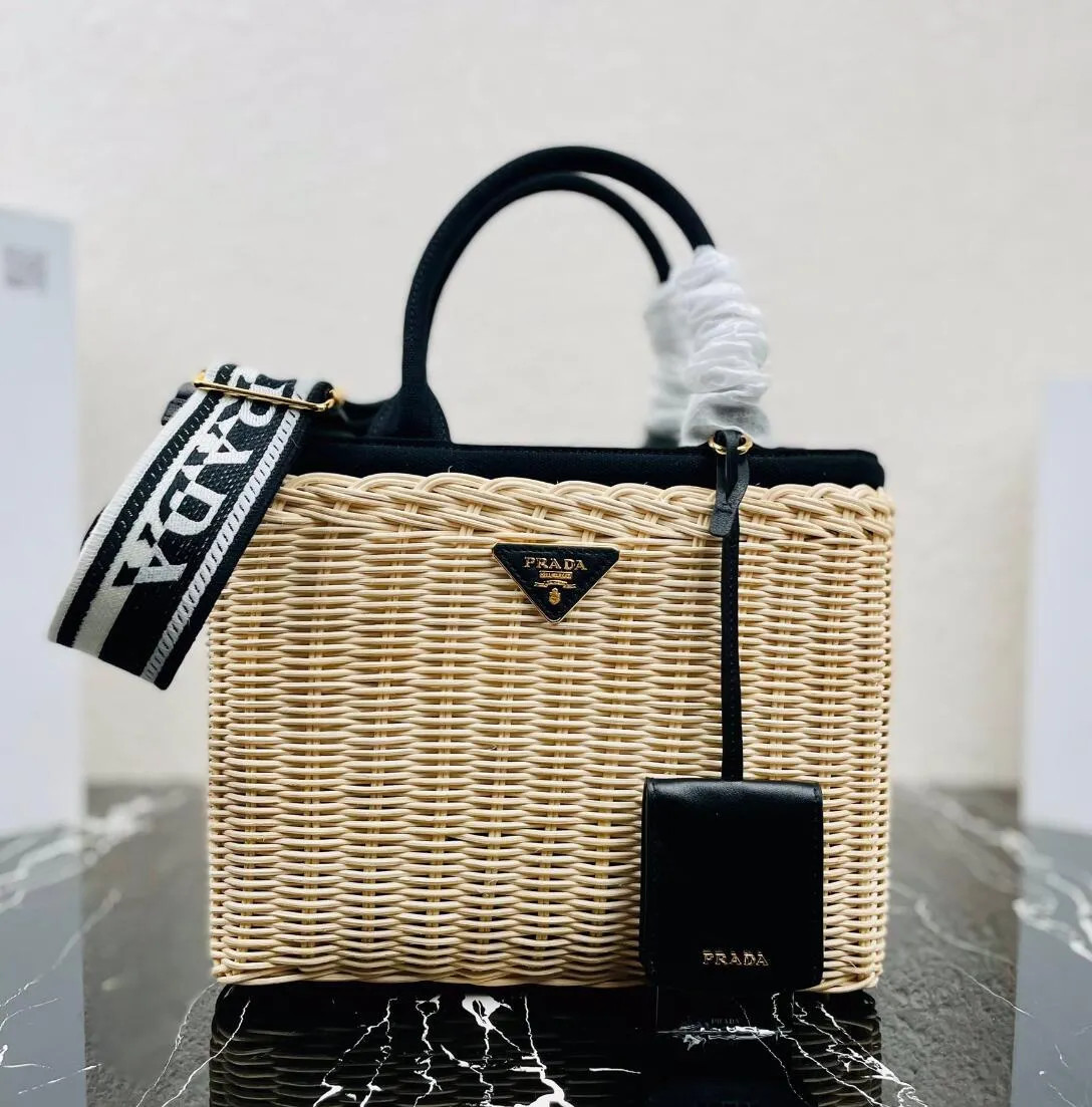 Prada New Womens Handbag High End Custom Quality Wicker Braided Canvas Tote Bag Fashion Trend Cro... | DHGate