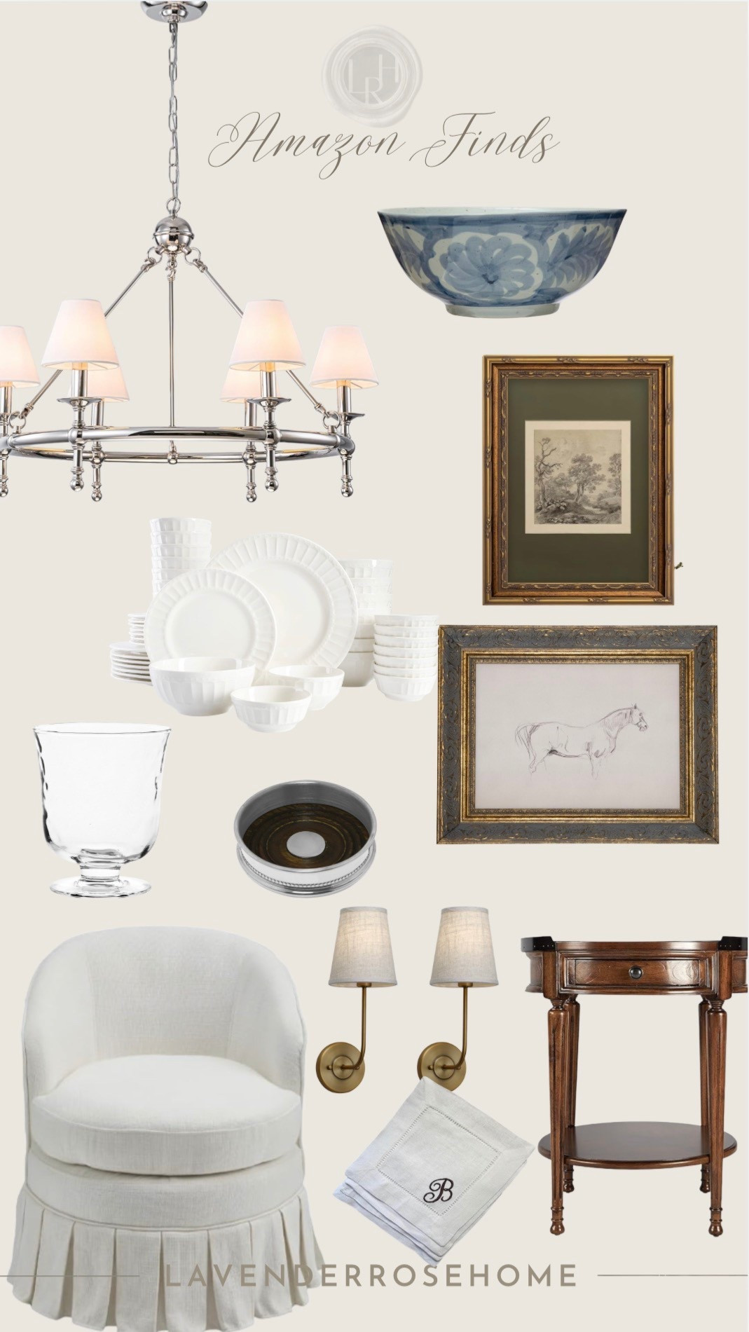 Classic home finds from Amazon.

Wall Art. Chandelier. Dinnerware. Candle Hurricane. Wall Sconces. Accent Table. Accent Chair. Silver Accents. Blue & White. Classic Interiors. Lavender Rose Home.

#LTKHome