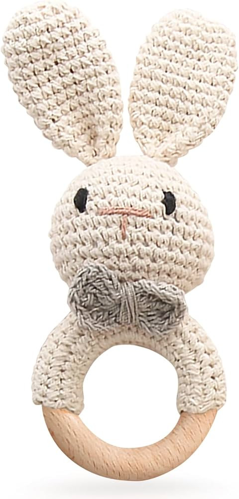 Wooden Baby Rattle, Handcrafted Crochet Bunny Rattles with Wooden Teething Ring, Beige Rabbit New... | Amazon (US)