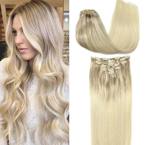 Googoo Blonde Clip in Hair Extensions Remy Human Hair Ombre Hair Extensions Clip in Hair Full Head Ombre Blonde Color 7PCS | Amazon (US)