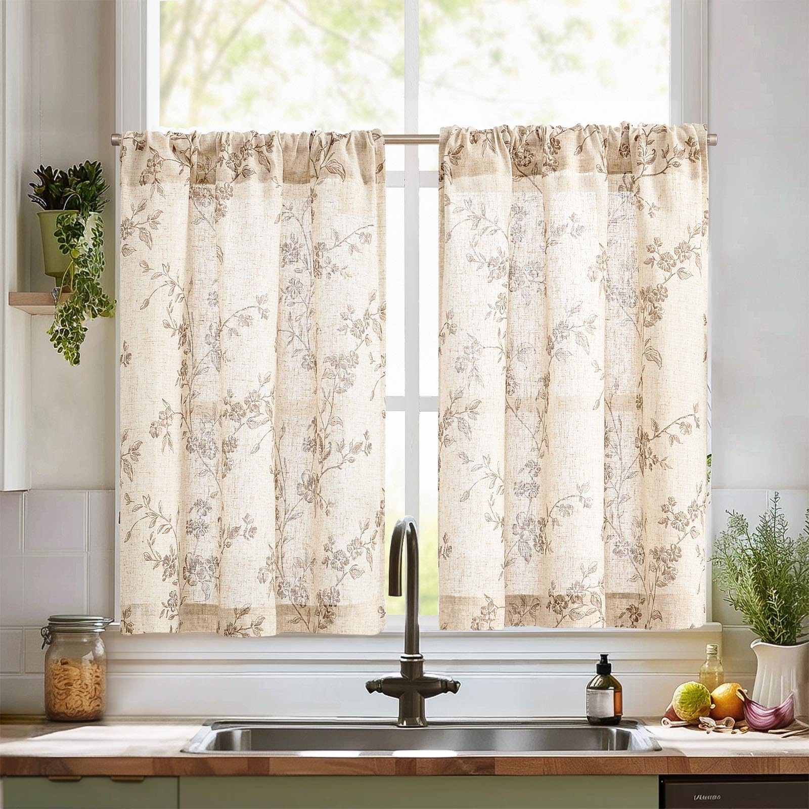 jinchan Floral Kitchen Curtains 36 Inch Linen Tier Curtains Farmhouse Cafe Half Window Drapes Ove... | Amazon (US)