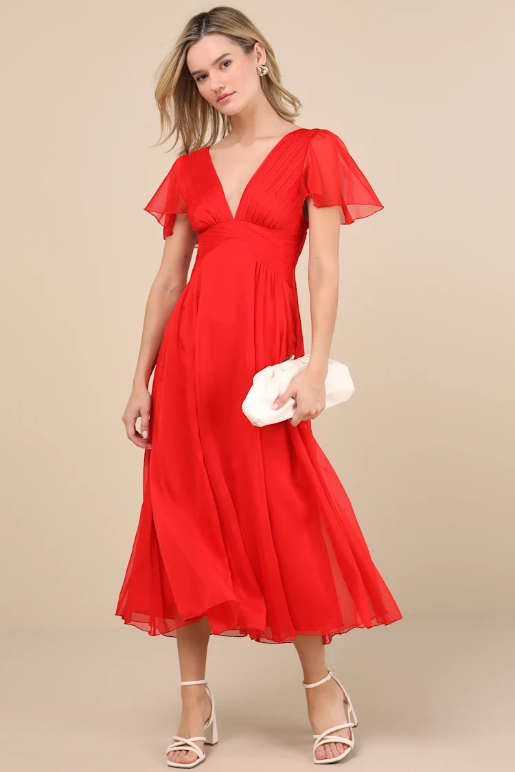 Ideal Perception Red Flutter Sleeve Chiffon Midi Dress
            Lulus
         $79
        Pro... | Lulus