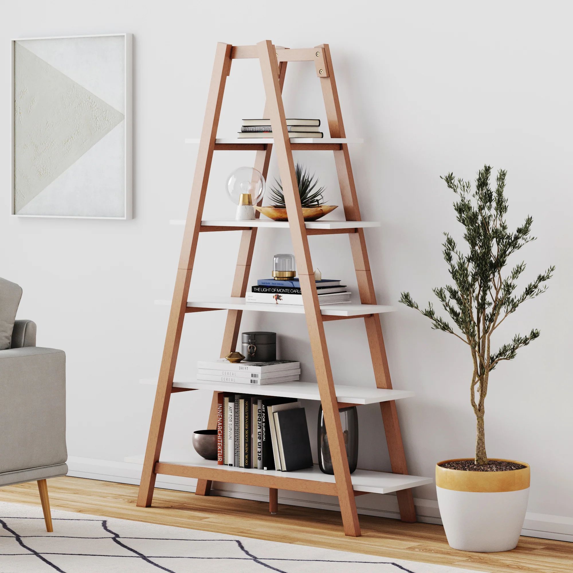 Wood 5-Shelf Ladder Display Bookshelf | Nathan James