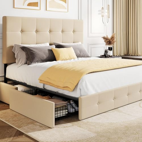 SHA CERLIN Upholstered Full Size Platform Bed Frame with 4 Storage Drawers, Adjustable Headboard with Square Stitched Button Tufted Design, Wooden Slat Support, No Box Spring Needed, Beige | Amazon (US)