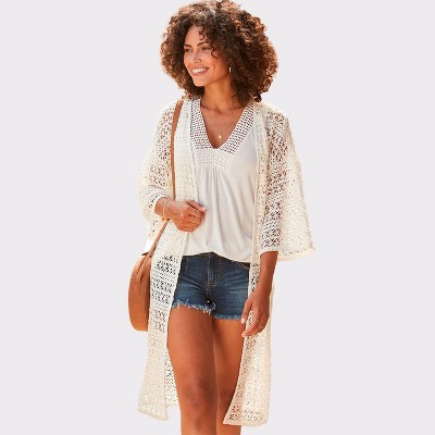 Women's Crochet Lace Long Cardigan - LASCANA - Cream Lace 4/6 | Target