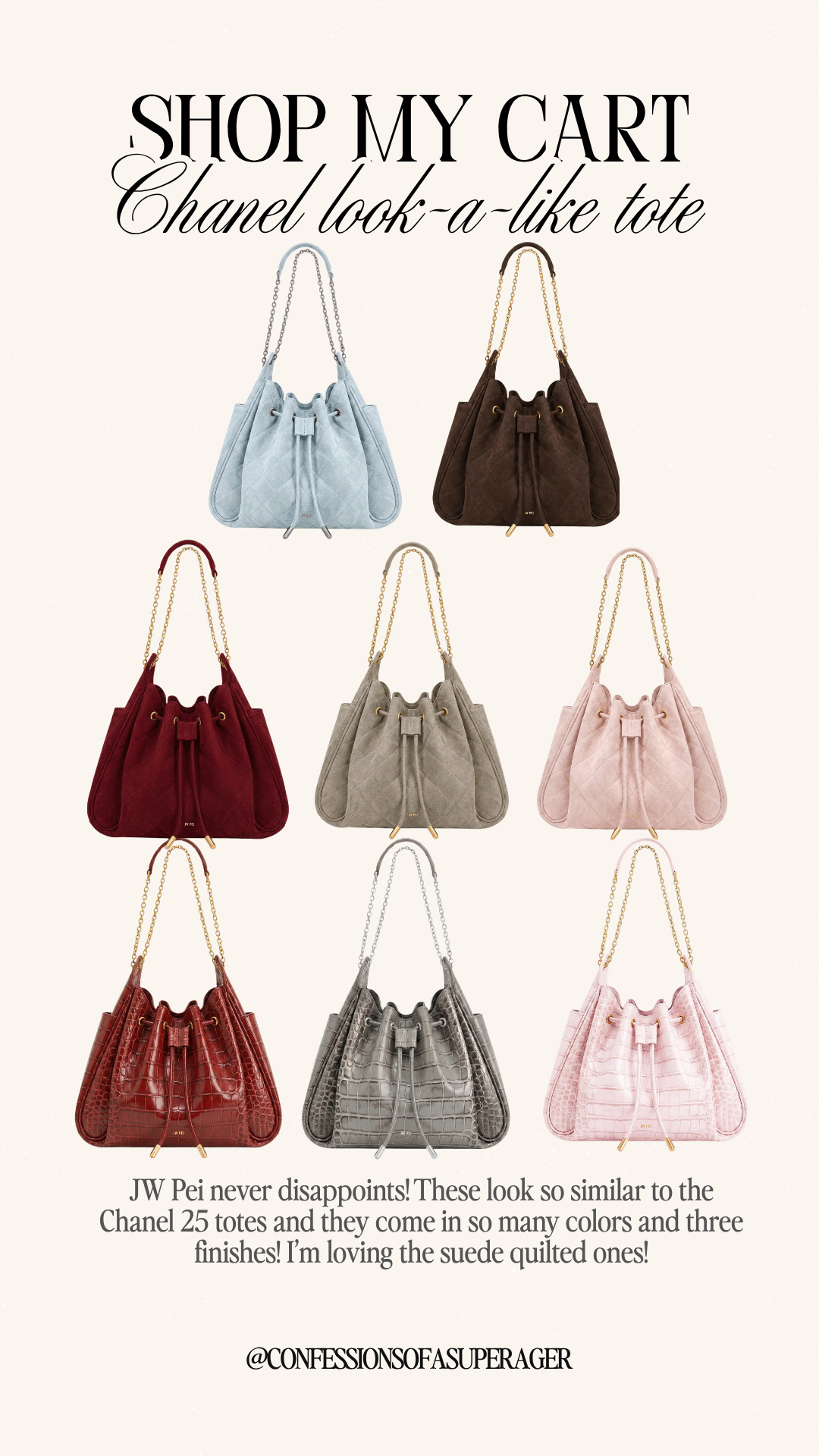 The JW PEI tote everyone is going to mistake for designer 👏 These Chanel-inspired quilted bucket bags are giving luxury fashion vibes without the luxury price tag, and I’m obsessed with all the suede and croc finishes for spring and summer. The perfect everyday tote, travel bag, and elevated neutral accessory to instantly make any outfit look chic! Shop my favorite colors now on LTK before they sell out ✨ #JWPEI #DesignerInspired #LuxuryStyle #ChanelInspired #QuiltedBag #ToteBag #HandbagLover #AffordableLuxury #SpringFashion #SummerStyle #NeutralStyle #FashionFinds #LTKStyle #EverydayBag #QuietLuxury #FashionOver40 #Over50Style #ItBag #AccessoryGoals #ConfessionsOfASuperager

#LTKSeasonal #LTKOver40 #LTKSaleAlert