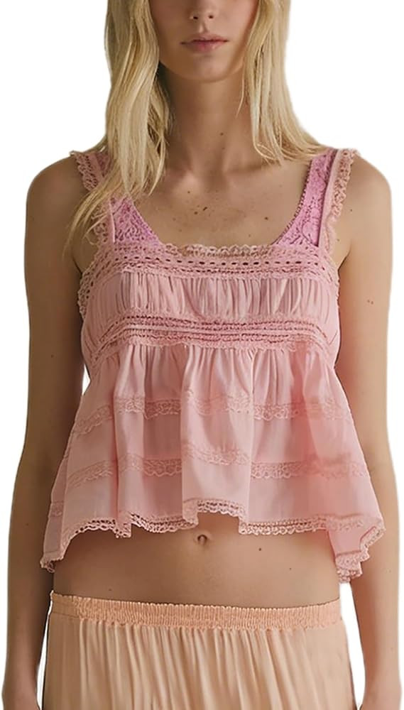 Women Y2K Solid Color Cami Top Sleeveless Lace Patchwork Ruffled Peplum Tank Top Summer Backless ... | Amazon (US)