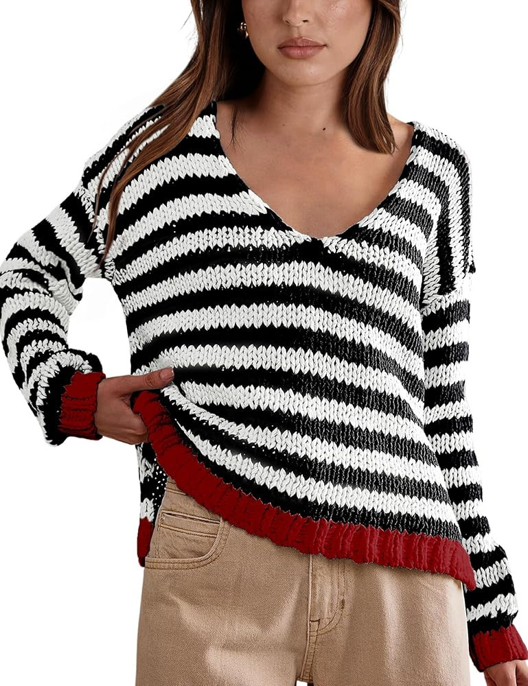 hathne Women's Oversized Striped Pullover Fall Knitwear V Neck Sweaters Color Block Long Sleeve K... | Amazon (US)