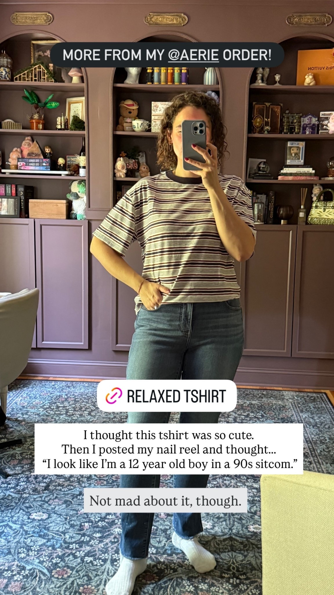 MORE FROM MY @AERIE ORDER! I thought this tshirt was so cute. 
Then I posted my nail reel and thought….. 
 “I look like I’m a 12 year old boy in a 90s sitcom.” Not mad about it, though.