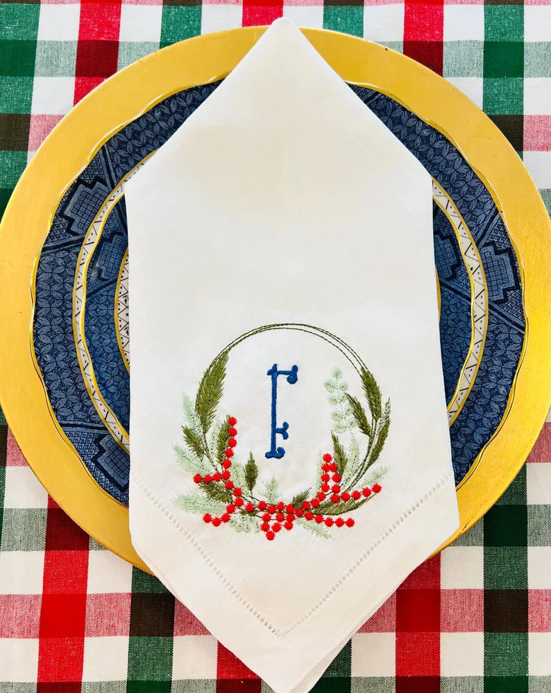 Christmas Wreath and Monogram Embroidered Linen Dinner Napkin | Etsy (Global)