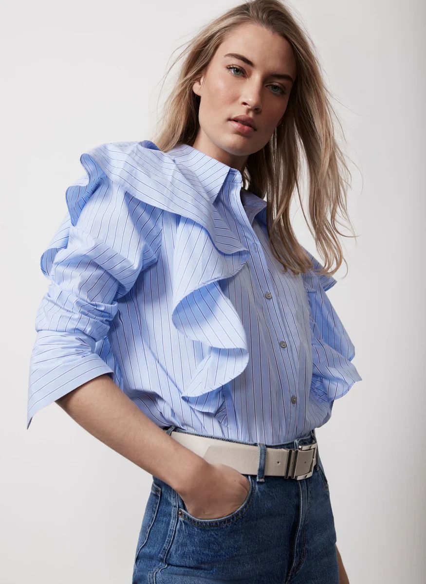Blue Striped Ruffle Shirt | Mint Velvet