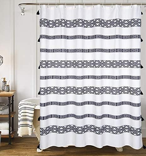 YoKII Extra Long Shower Curtain, 84-Inch Black and Cream Striped Boho Fabric Bathroom Shower Curt... | Amazon (US)