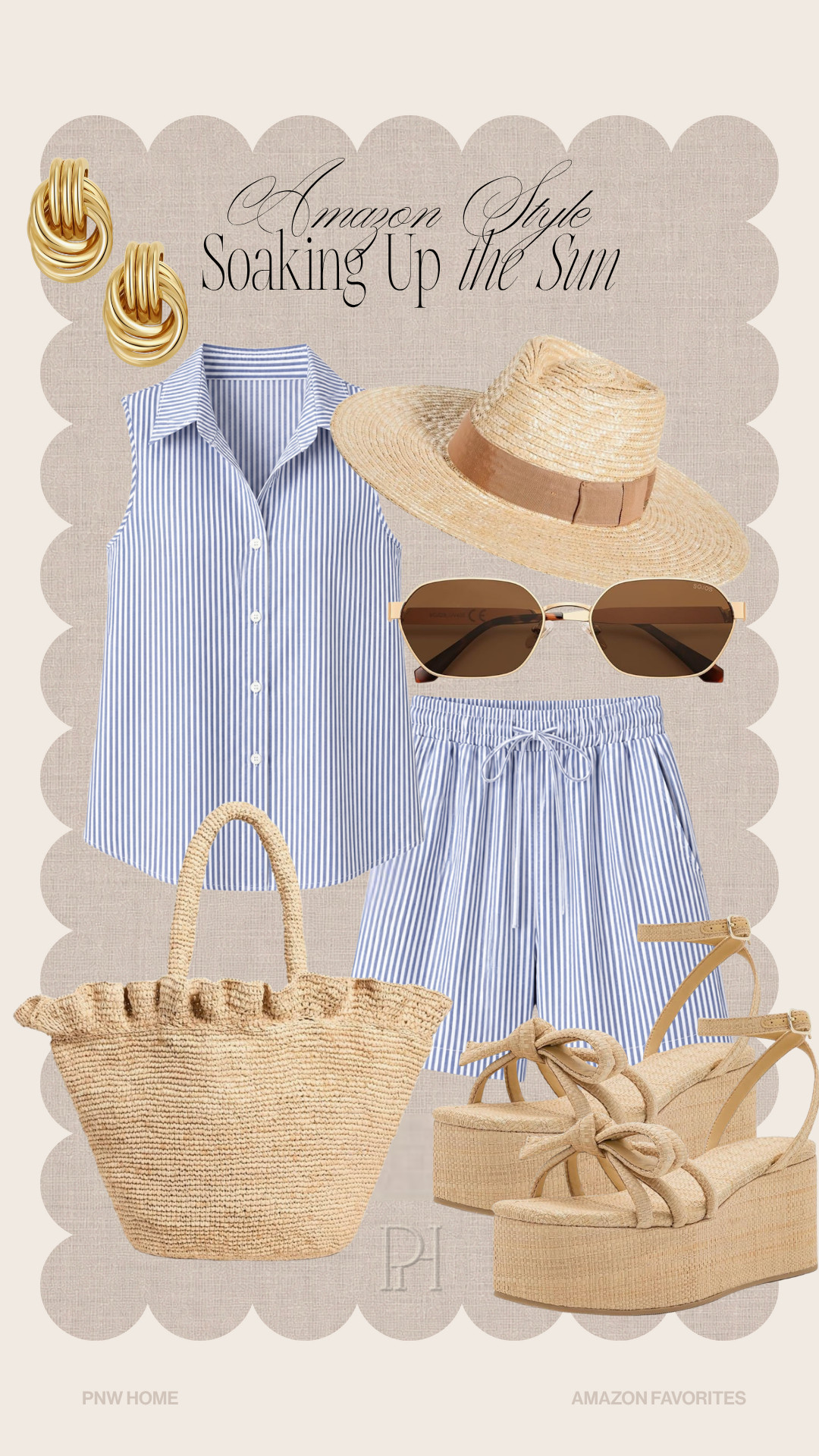 Sunny style finds I'm loving from Amazon!

Amazon style, summer fashion, summer style, summer looks, summer outfit, beachy look, vacation look, vacation style, vacation looks, poolside looks, blue matching set, summer set, old money aesthetic, gold earrings, oval sunglasses, raffia handbag, summer handbag, beach tote, tote bag, neutral accessories, sun hat, sleeveless blouse, striped top, striped shorts, blue shorts, platform sandals, summer shoes, summer sandals, summer footwear 

 #LTKgrwm #LTKootd #LTKTravel