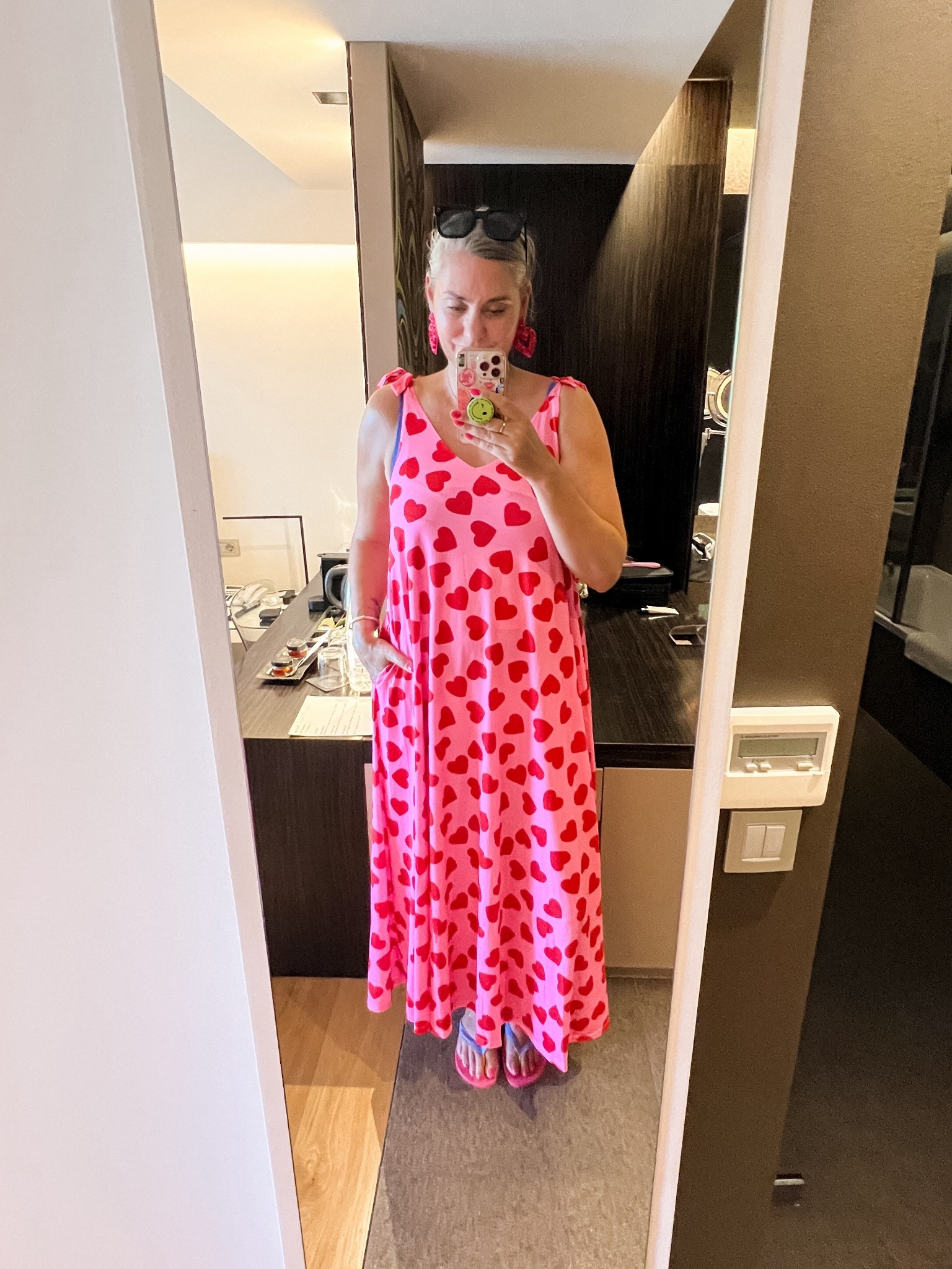 OOTD - Wednesday. Pink dress with red hearts (Poespas, size 1), Havaianas flip flops, Paulie Pocket earrings (code LOUS15), favorite sunglasses (I have 4 pairs) and the prettiest blue bikini for bigger boobs. 

#LTKtravel #LTKnederlands #LTKeurope