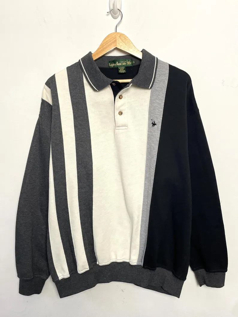 Vintage 1990s Knights of Round Table Striped Color Block Pullover Collared Sweatshirt (size Adult... | Etsy (US)