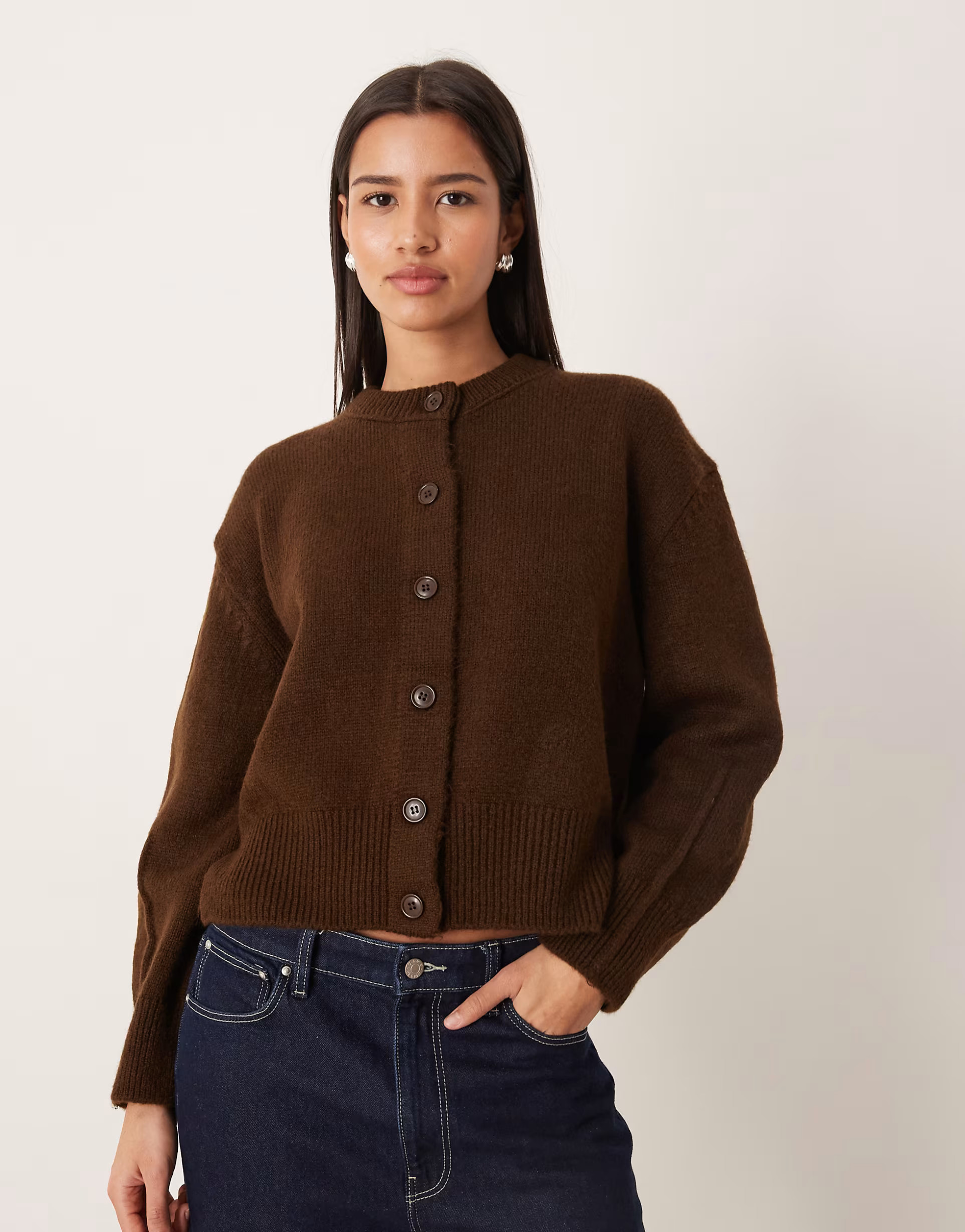 ASOS DESIGN boxy crew neck cardigan with side split detail in chocolate | ASOS (Global)