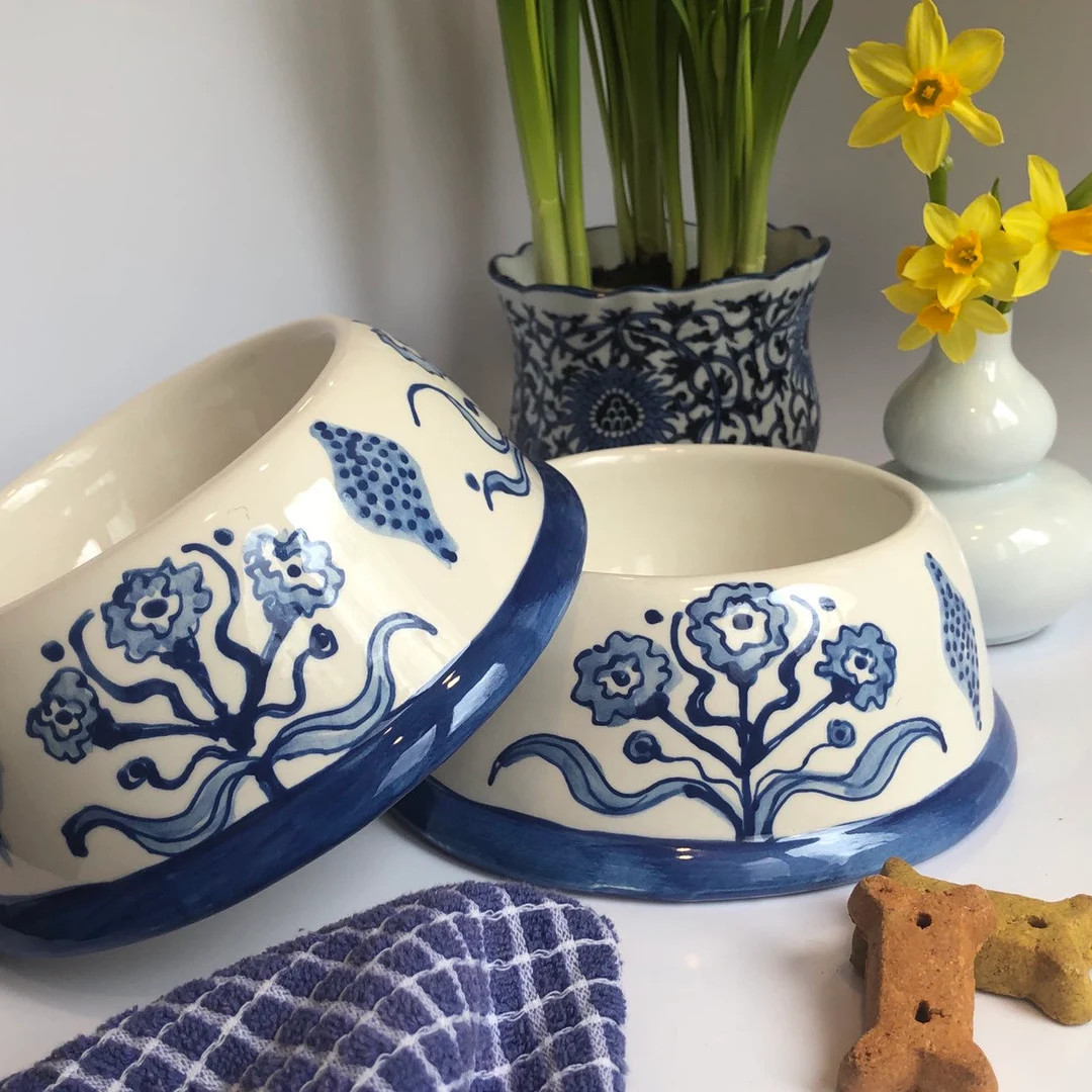 Hand Painted Marigold Collection Dog Bowl - Small Blue ***for personalization you must purchase s... | Etsy (US)