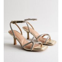 Women's Gold Diamanté-Embellished Twisted-Strap Heel Sandals Vegan New Look | New Look (UK)