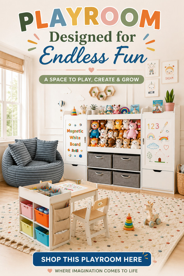 Create the ultimate kids playroom with smart toy storage, a fun activity table, cozy seating, colorful decor, and creati