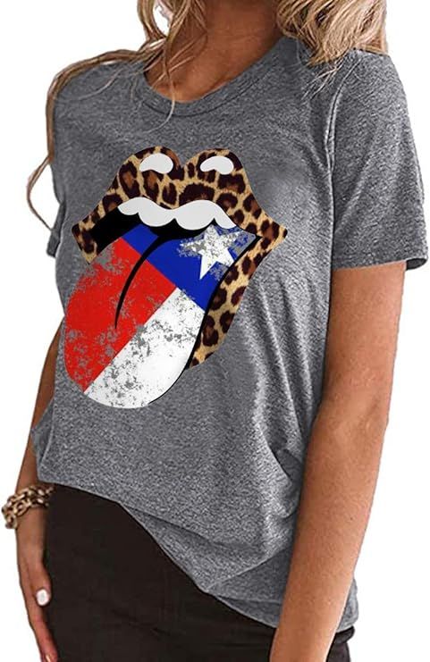 EIGIAGWNG Womens American Flag Lips T-Shirt Funny July 4th Independence Day Graphic Tees Tops | Amazon (US)