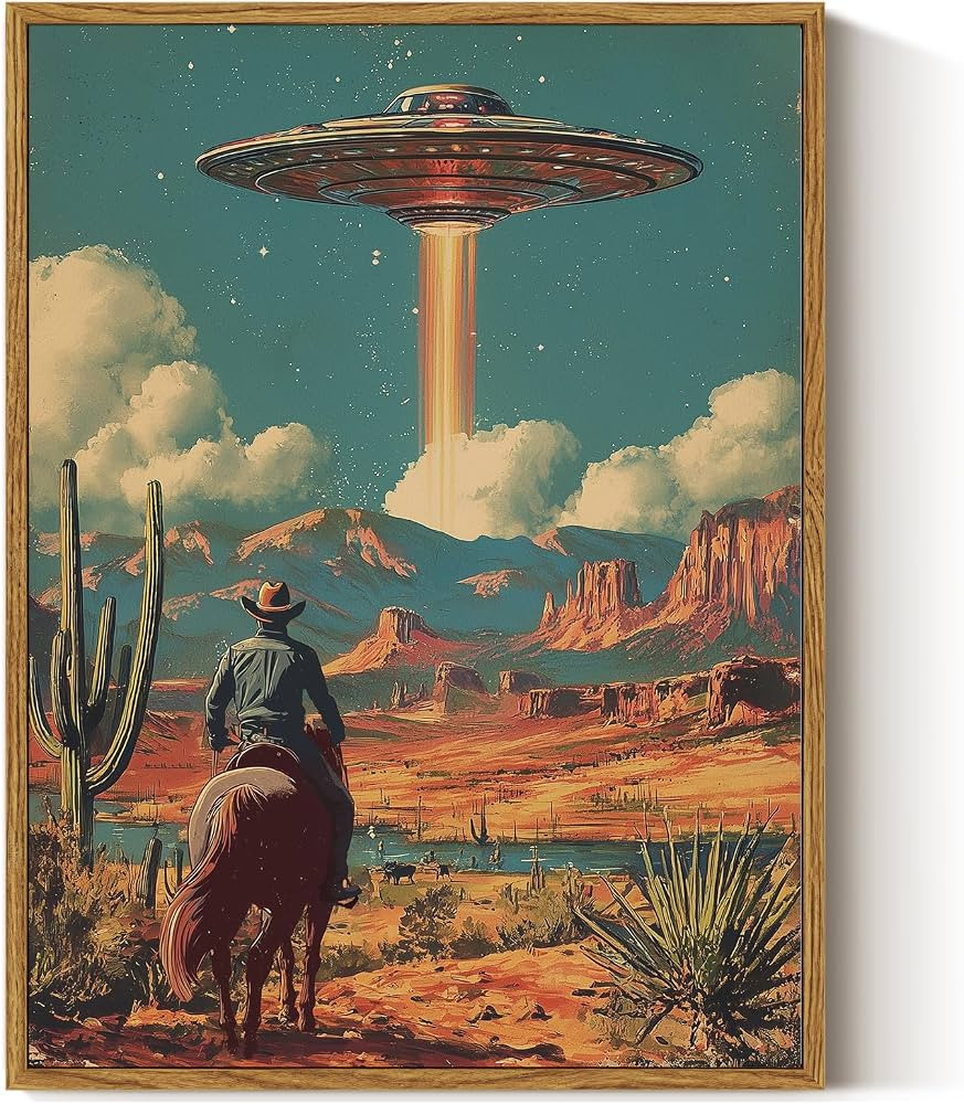 ARPEOTCY Vintage Framed Canvas Wall Art, 12x16 Inch Retro Cowboy on Horseback with UFO Spaceship,... | Amazon (US)
