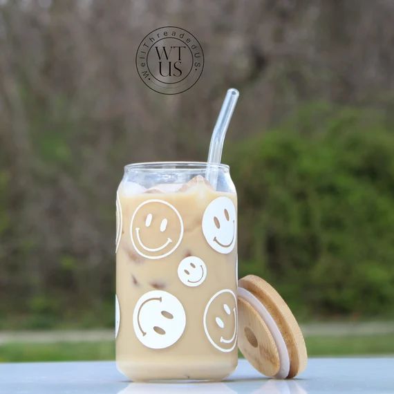 Smile Face Glass - Iced Glass Coffee Jar - Soda Glass Can - Beer Can Glass - Iced Coffee Glass - ... | Etsy (US)