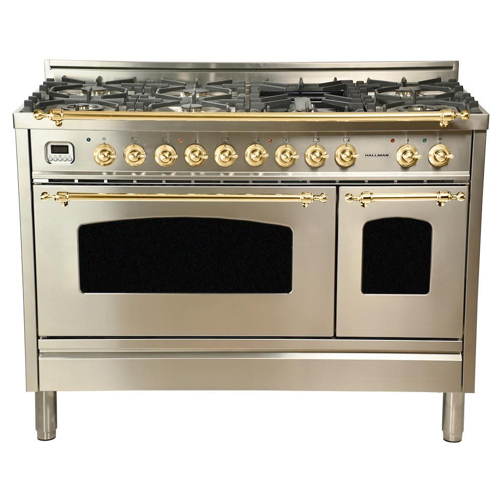 48 in. 5.0 cu. ft. Double Oven Dual Fuel Italian Range True Convection,7 Burners, Griddle,Brass T... | The Home Depot
