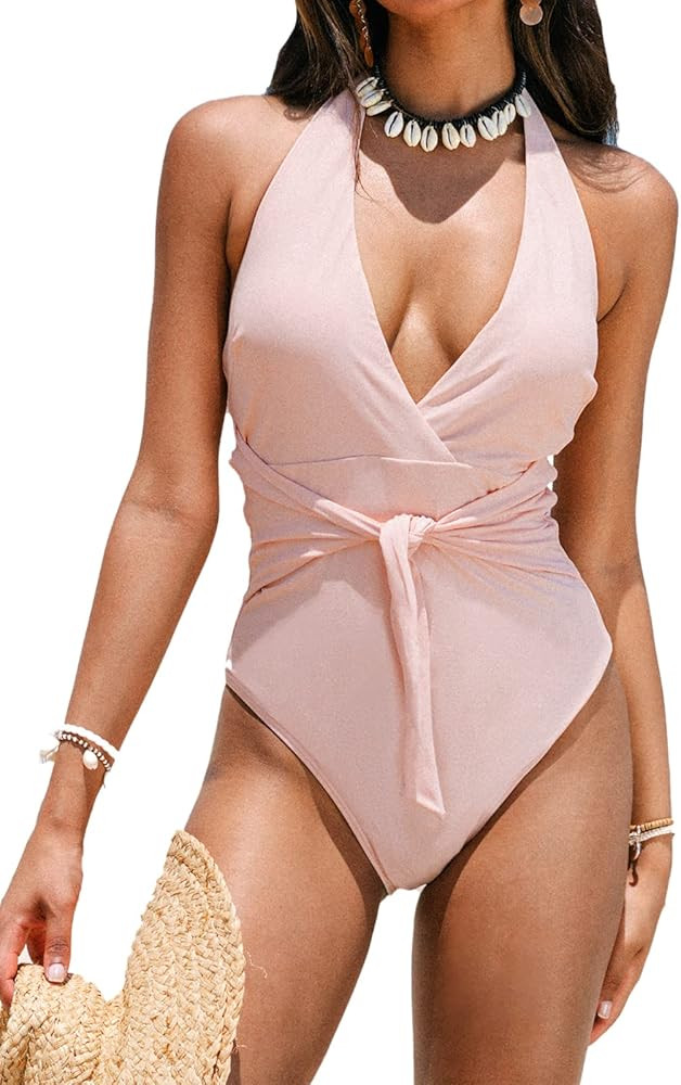 CUPSHE Women's Halter One Piece Swimsuit Plunge Tie Waisted Backless Bathing Suit | Amazon (US)